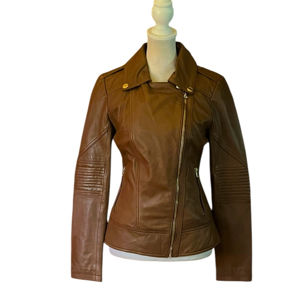 GUESS BROWN LEATHER GOLD TRIM MOTO JACKET GREAT CONDITION SIZE XS